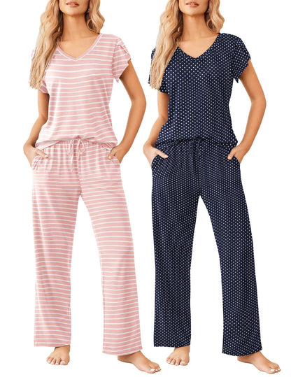 Ekouaer 2 Pack Womens Pajama Set Short Sleeve Sleepwear Soft Pjs Lounge Set