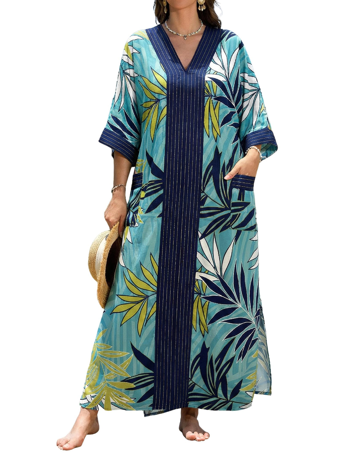cthseie Women's Kaftan Dress Plus Size V-Neck Pocket Lightweight Swimwear Coverups Moomoo Nightgown Beach Loungewear