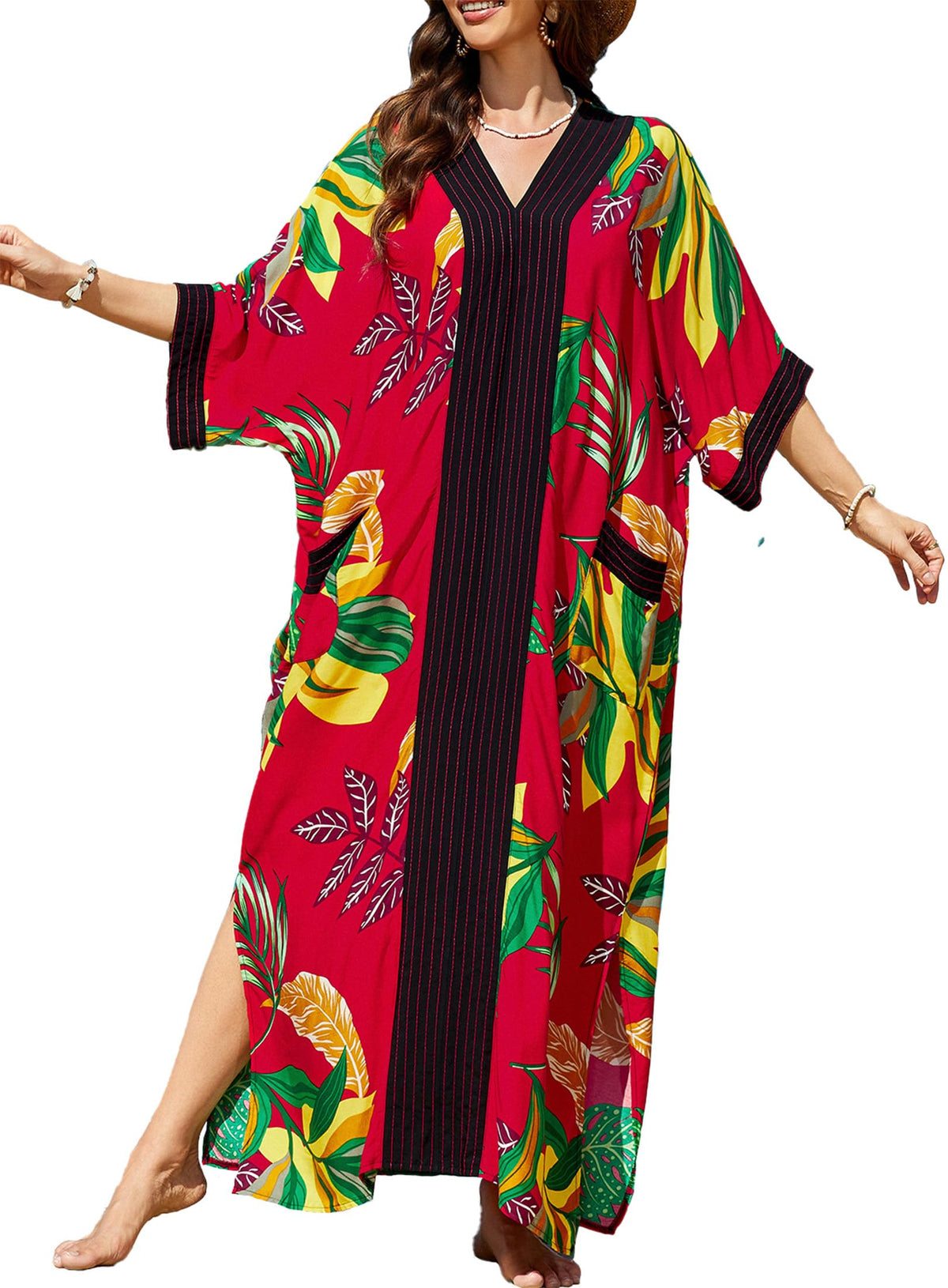 cthseie Women's Kaftan Dress Plus Size V-Neck Pocket Lightweight Swimwear Coverups Moomoo Nightgown Beach Loungewear