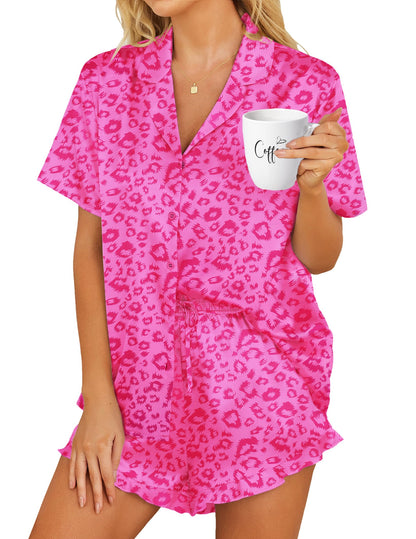 HOTOUCH Womens Satin Pajamas Set Button Down 2 Piece Ruffle Shorts Set