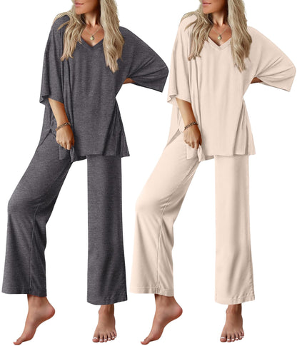 Ekouaer 2 Packs Lounge Set for Women Short Sleeve Pajamas Top and Long Pant