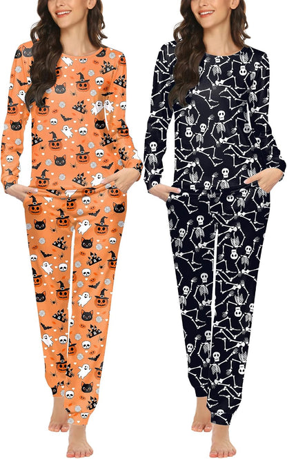 Ekouaer 2 Pack Pajama Sets for Women,Long Sleeve Top Jogger Pant Loungewear