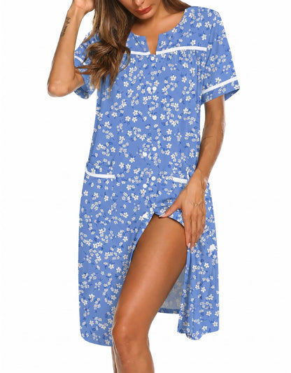 Ekouaer Nightgowns for Women House Dress with Pockets Button Down Sleepshirt Short Sleeve Nightshirt Housecoat