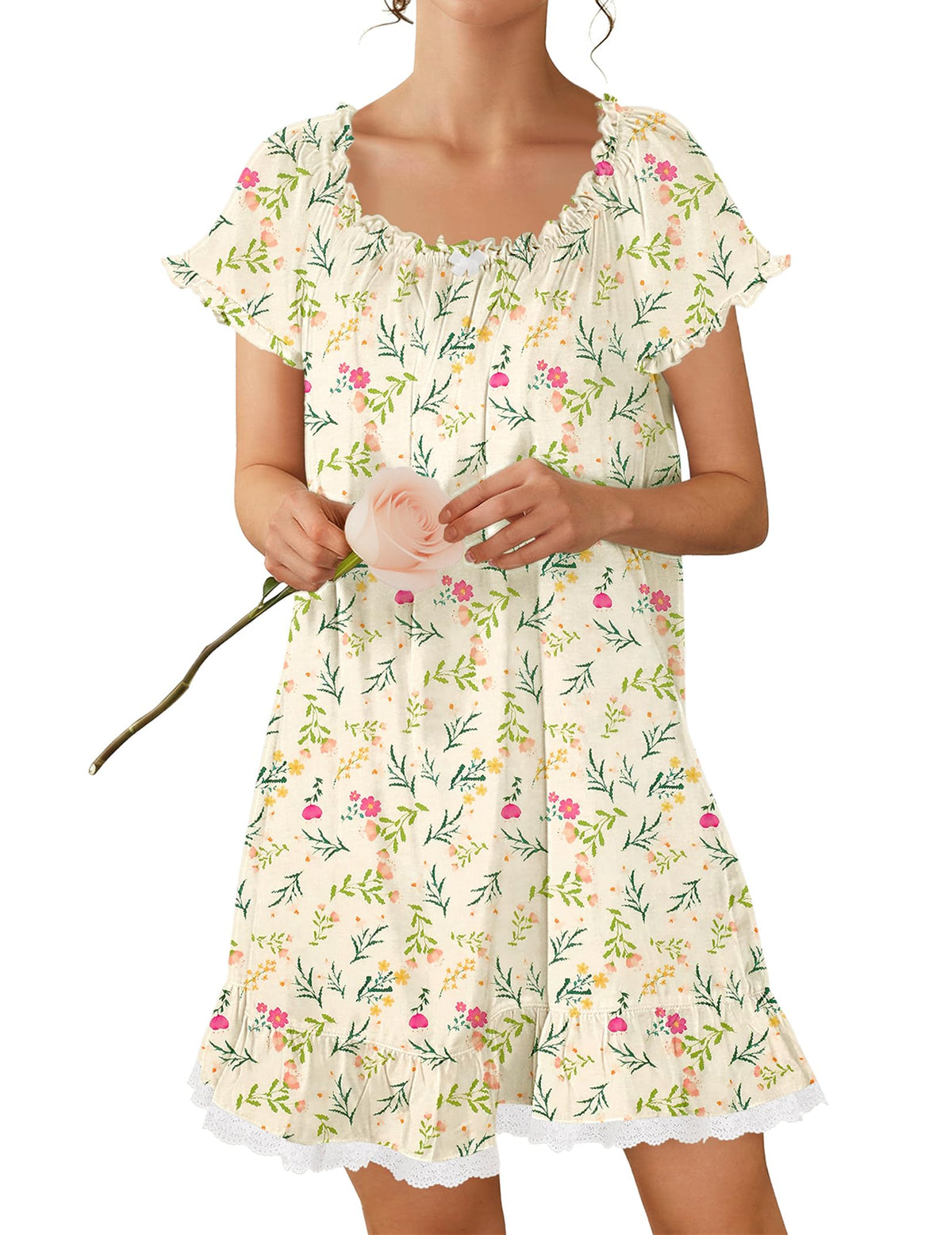 Ekouaer Cotton Nightgowns for Women Short Sleeve Victorian Night Gowns