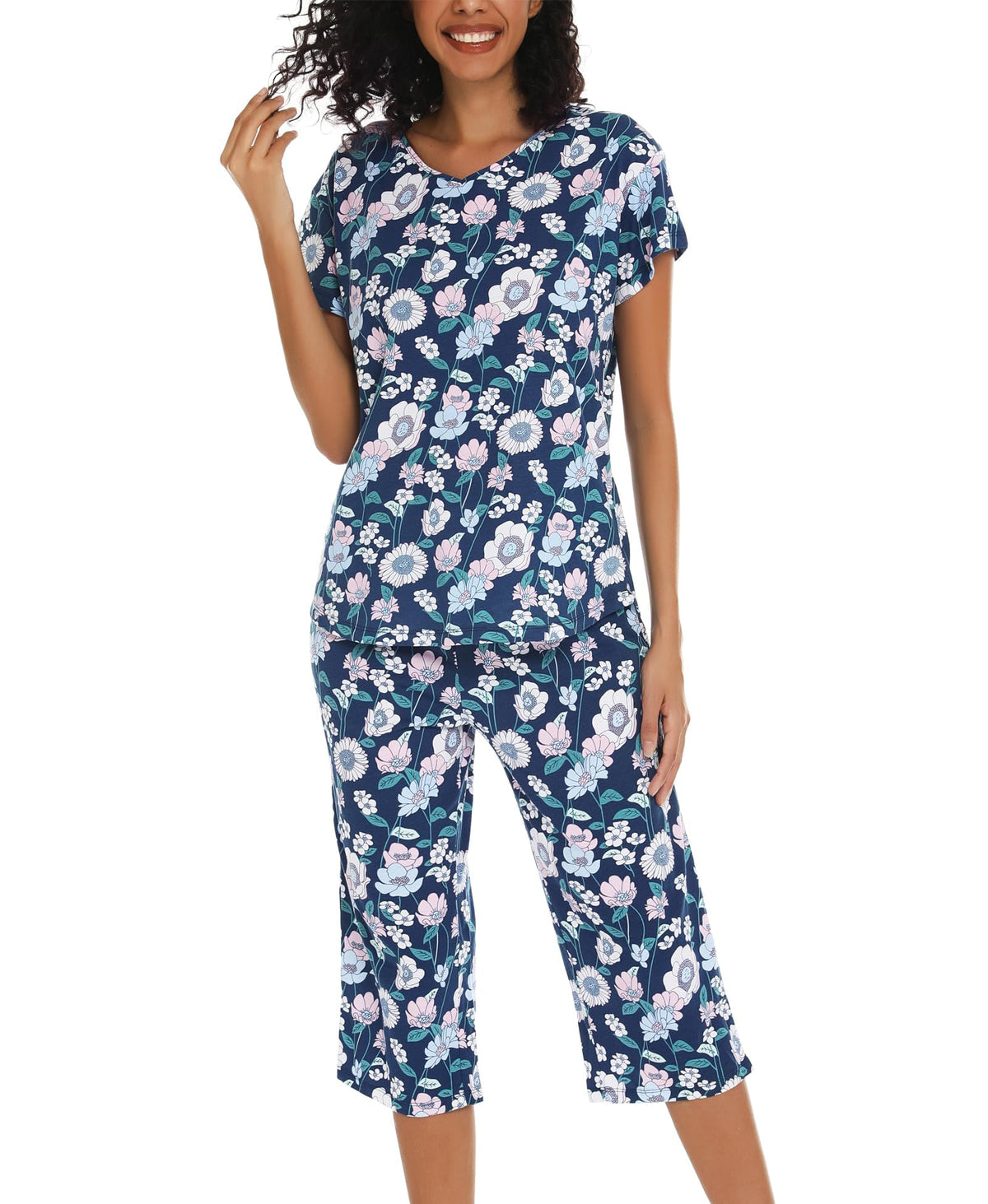 ENJOYNIGHT Womens Pajama Set Cotton Short Sleeve Top With Capri Pants Pj