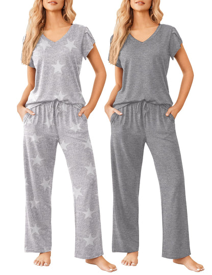Ekouaer 2 Pack Womens Pajama Set Short Sleeve Sleepwear Soft Pjs Lounge Set