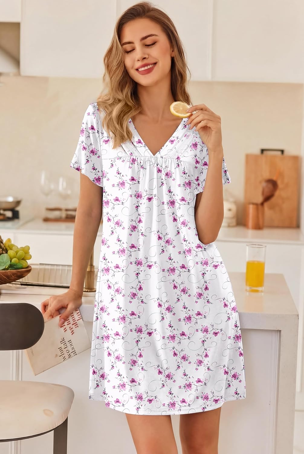 Ekouaer Nightgowns for Women V Neck Sleepshirt Short Sleeve Nightdress Lace Trim Night Gown House Dress with Pockets