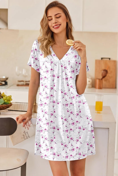Ekouaer Nightgowns for Women V Neck Sleepshirt Short Sleeve Nightdress Lace Trim Night Gown House Dress with Pockets
