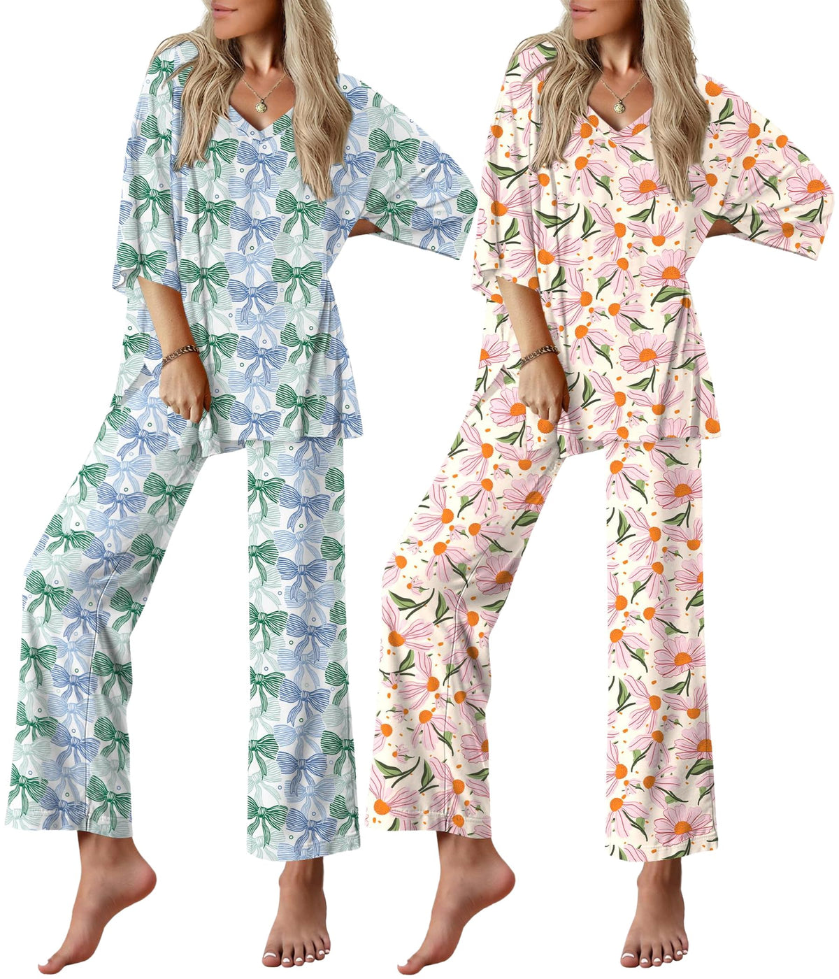 Ekouaer 2 Packs Lounge Set for Women Short Sleeve Pajamas Top and Long Pant