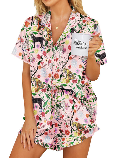 Ekouaer Womens Satin Pajamas Set Button Down 2 Piece Silk Pjs Shorts Set Ruffle Lingerie Notch Collar Sleepwear