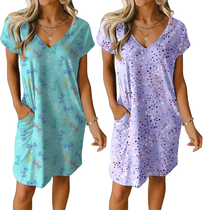 Ekouaer Womens 2 Pack Nightgown with Pockets Short Sleeve Night Shirts