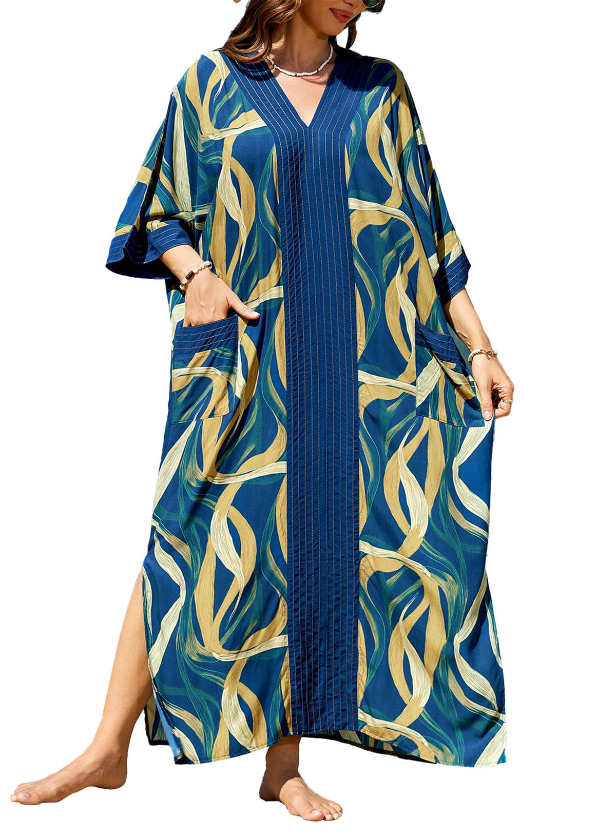 cthseie Women's Kaftan Dress Plus Size V-Neck Pocket Lightweight Swimwear Coverups Moomoo Nightgown Beach Loungewear