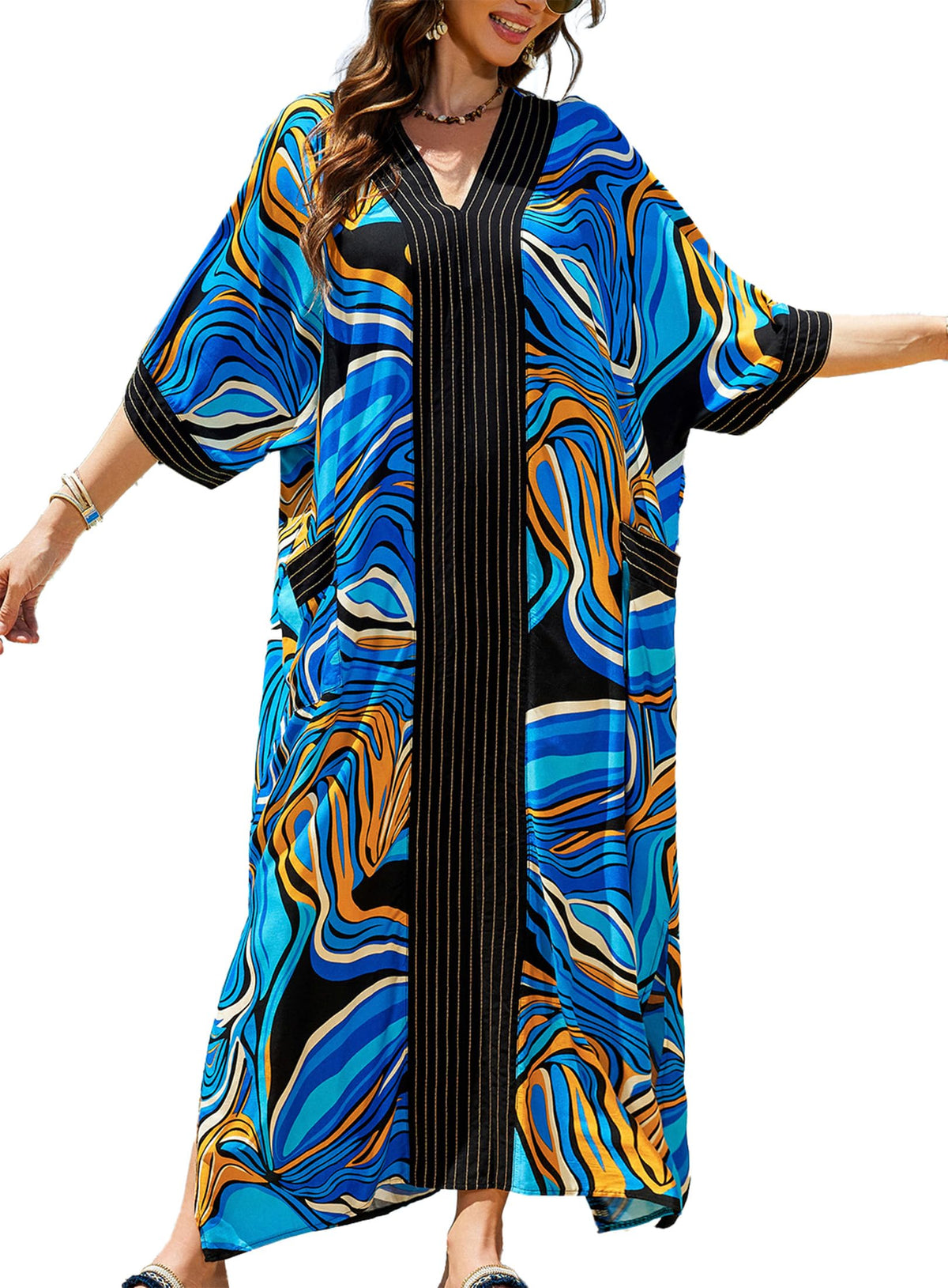 cthseie Women's Kaftan Dress Plus Size V-Neck Pocket Lightweight Swimwear Coverups Moomoo Nightgown Beach Loungewear
