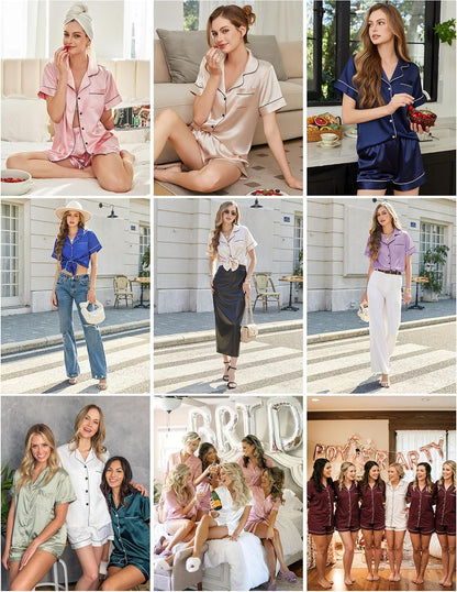 Silk Pajamas for Women Short Sleeve Sleepwear Soft Button Down Loungewear 2 Piece Satin Pjs Shorts Set S-XXL