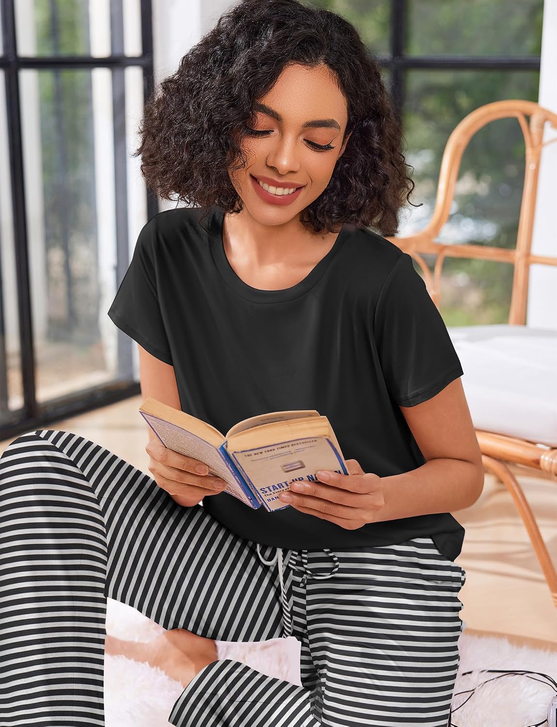 Ekouaer Womens Pajamas Sets Round Neck Pjs Loose Lounge Sets Sleepwear