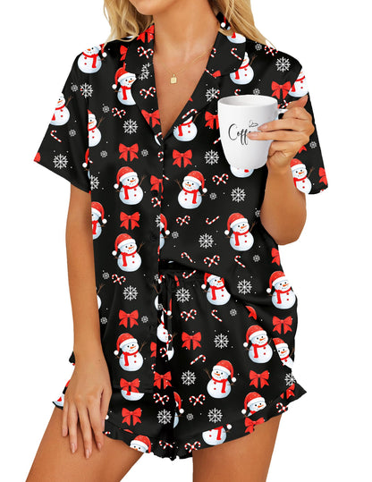 HOTOUCH Womens Satin Pajamas Set Button Down 2 Piece Ruffle Shorts Set