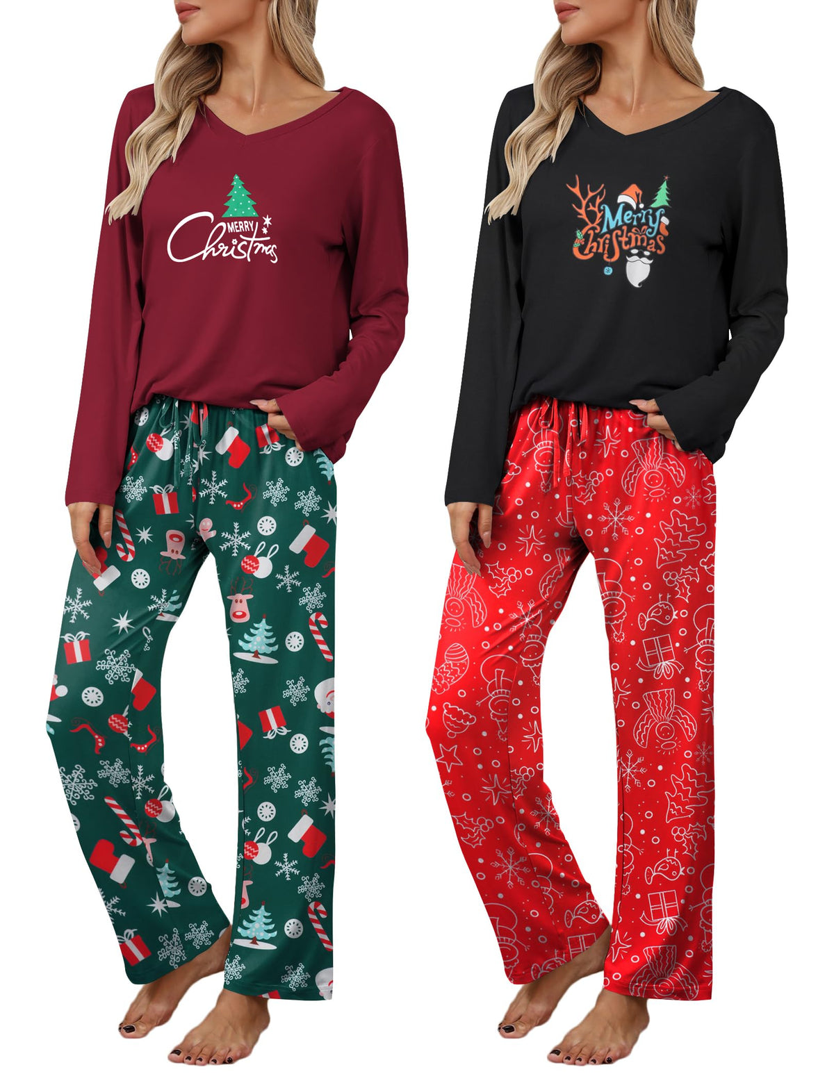 Ekouaer Women's 2 Pack Long Sleeve Pajama Sets V Neck Lounge Sets