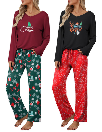 Ekouaer Women's 2 Pack Long Sleeve Pajama Sets V Neck Lounge Sets