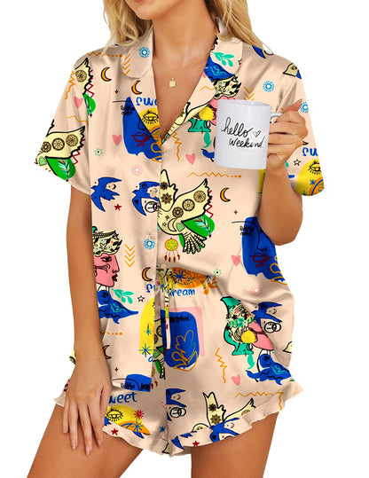 Ekouaer Womens Satin Pajamas Set Button Down 2 Piece Silk Pjs Shorts Set Ruffle Lingerie Notch Collar Sleepwear