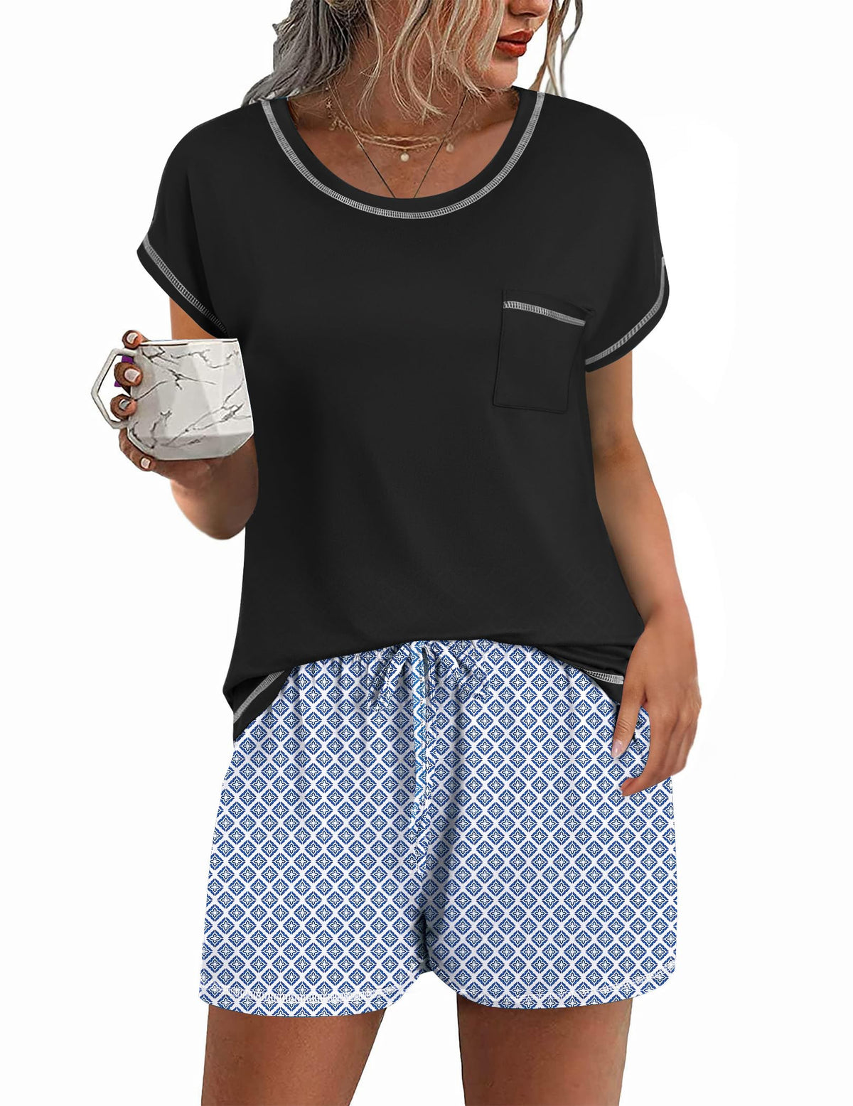 Ekouaer Womens Pajama Sets 2 Piece Pjs Short Sleeve Top and Shorts