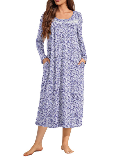Ekouaer Long Sleeve Nightgown for Women Long Henley House Dress with Pocket