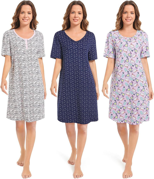 3 Pack Nightgowns for Women Summer Short Sleeve Night Gowns