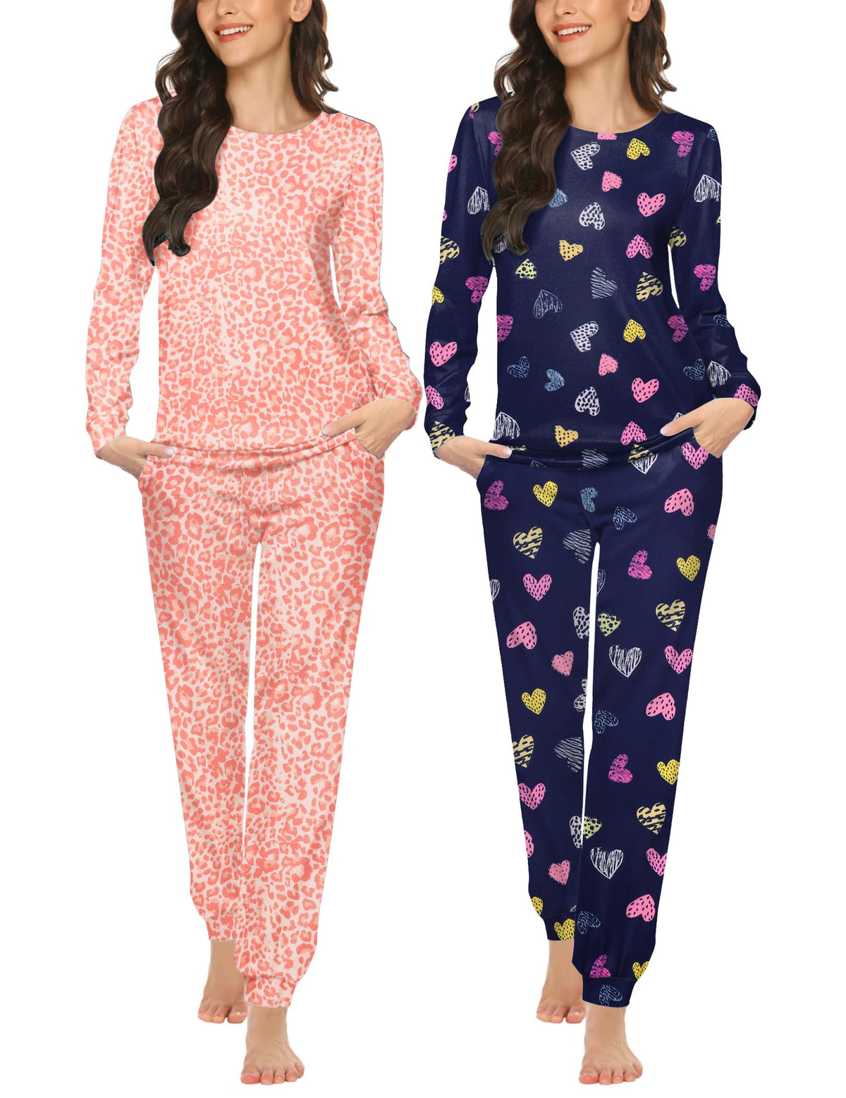 Ekouaer 2 Pack Pajama Sets for Women,Long Sleeve Top Jogger Pant Loungewear