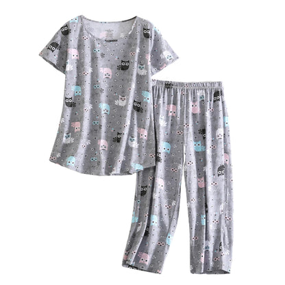 PNAEONG Womens Pajama Set Cotton Short Sleeve Top with Capri Pants Soft Pjs