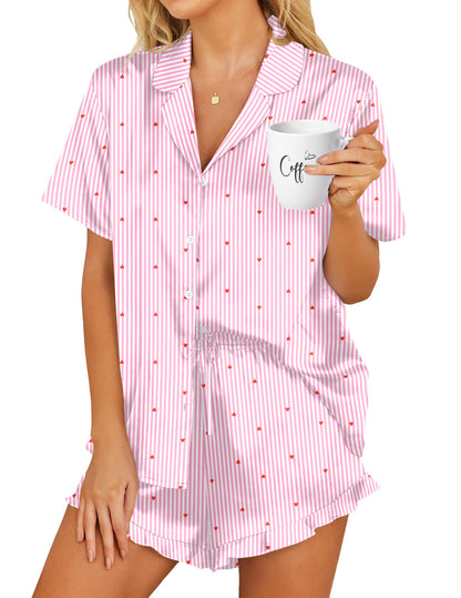 HOTOUCH Womens Satin Pajamas Set Button Down 2 Piece Ruffle Shorts Set