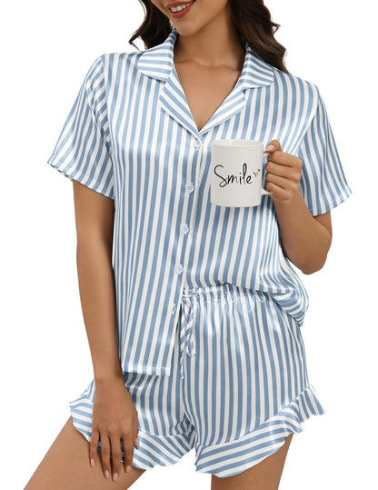 Silk Pajamas for Women Button Down 2 Piece Satin Pjs Shorts Set Ruffle Notch Collar Sleepwear Loungewear