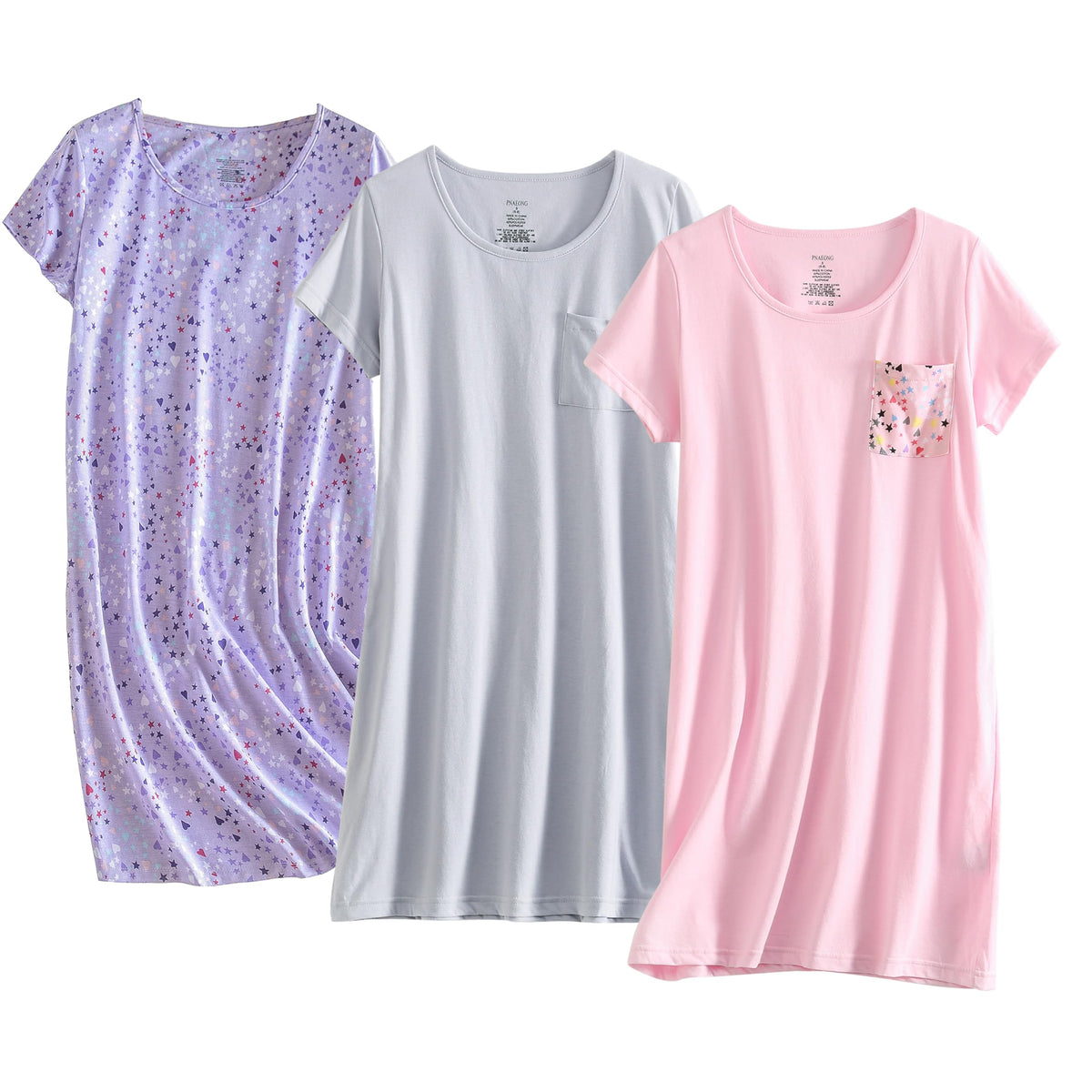PNAEONG 3 Pack Women's Cotton Nightgown Short Sleeve Shirt Print Sleepdress