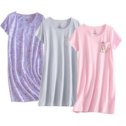 PNAEONG 3 Pack Women's Cotton Nightgown Short Sleeve Shirt Print Sleepdress