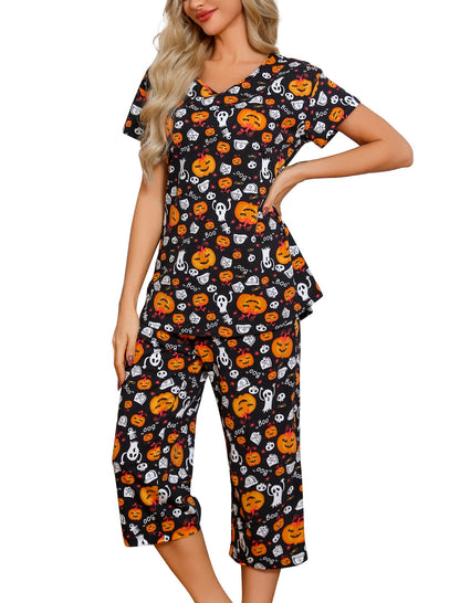 ENJOYNIGHT Womens Pajama Set Cotton Short Sleeve Top With Capri Pants Pj