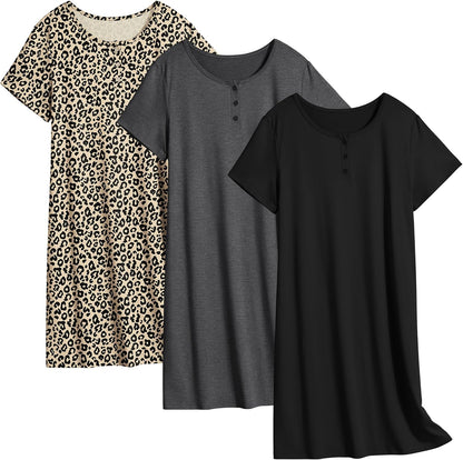 Ekouaer 3 Pack Women's Sleepshirts Soft Sleepwear Short Sleeve T-Shirt Nightgowns Casual Sleepdress Nightshirts