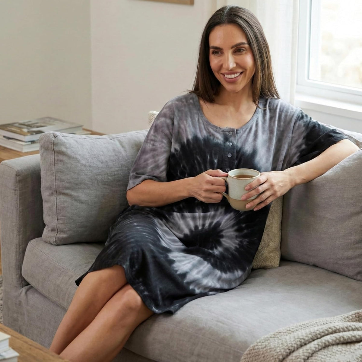 Just Love Women's Tie Dye Nightgown, 100% Cotton Short Sleeve Henley Sleep Shirt