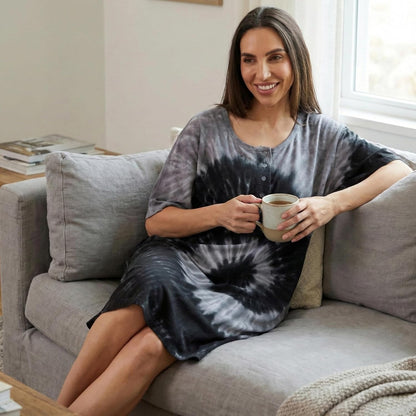 Just Love Women's Tie Dye Nightgown, 100% Cotton Short Sleeve Henley Sleep Shirt