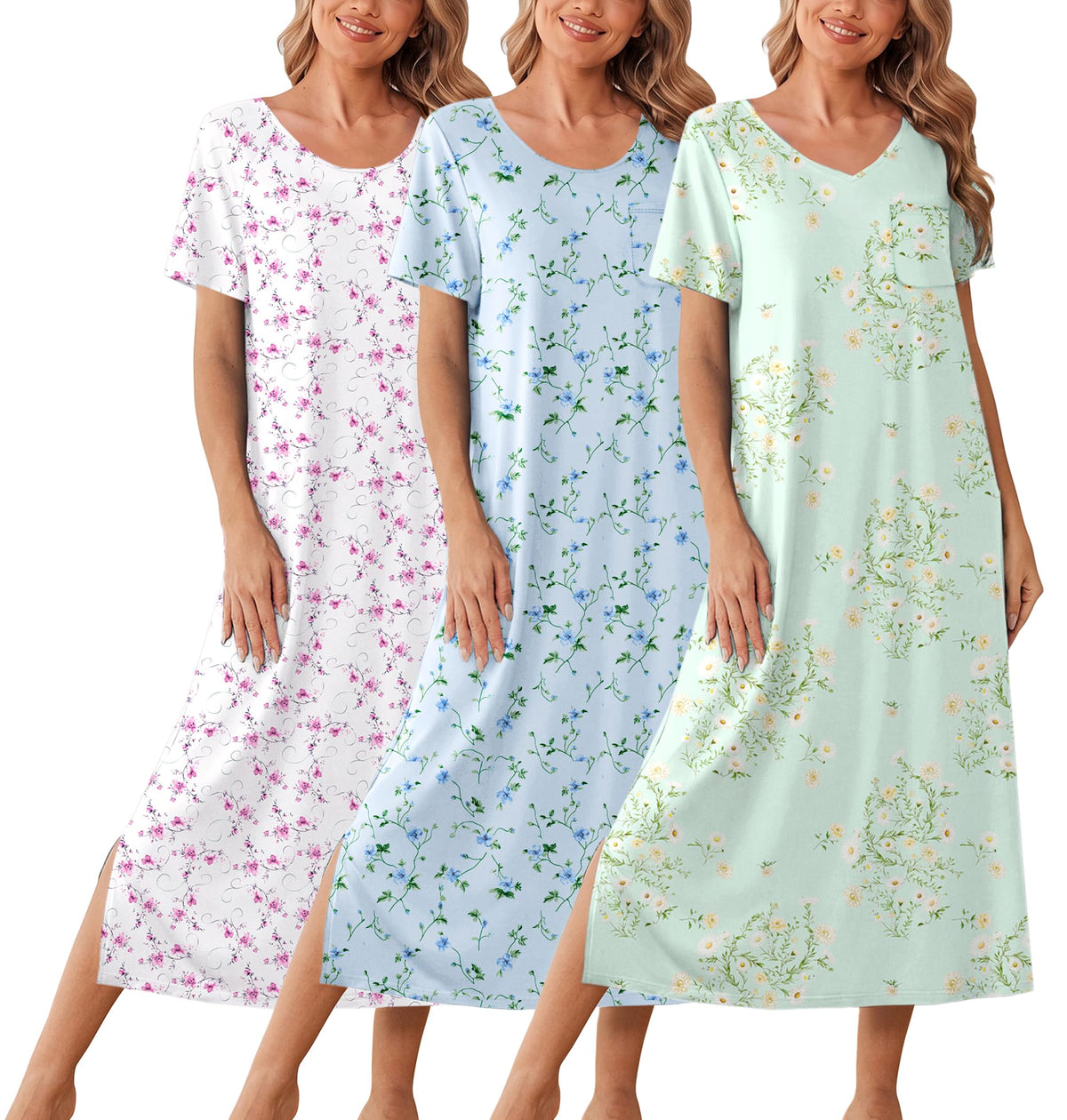 Ekouaer Long Nightgowns for Women 3 Pack Plus Size Short Sleeve House Dress