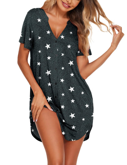 Ekouaer Womens Nightgown V Neck Button Down Sleepshirts Soft Sleepdress