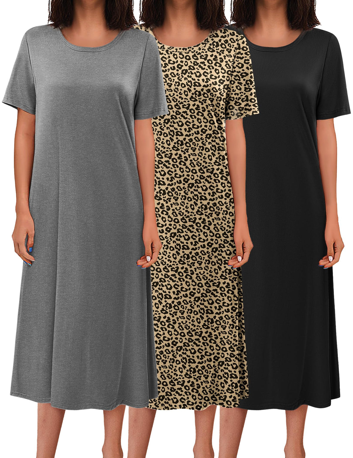 Ekouaer 3 Pack Long Nightgowns for Women House Dress Plus Size Nightshirt