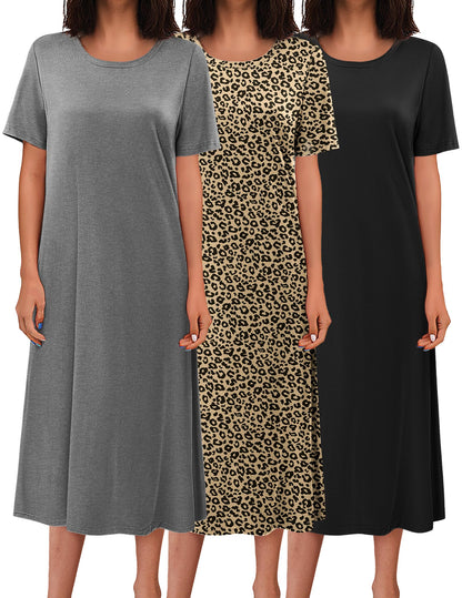 Ekouaer 3 Pack Long Nightgowns for Women House Dress Plus Size Nightshirt