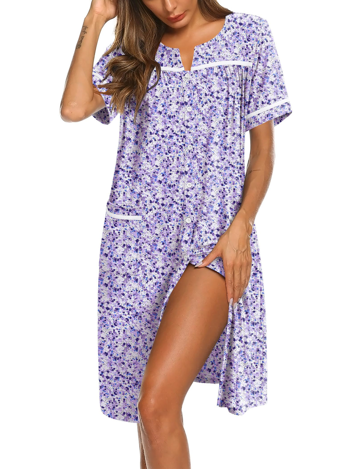 Ekouaer Nightgowns for Women House Dress with Pockets Button Down Sleepshirt Short Sleeve Nightshirt Housecoat