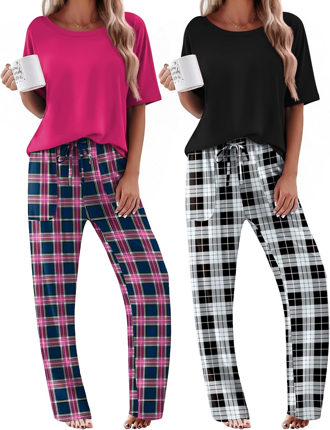Ekouaer 2 Pack Womens Pajamas Sets Short Sleeve Long Pants Pjs Lounge Set