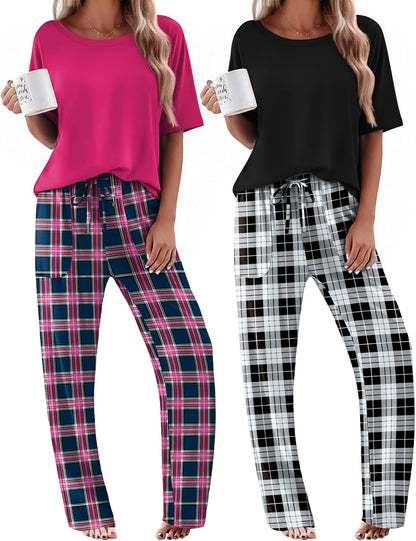 Ekouaer 2 Pack Womens Pajamas Sets Short Sleeve Long Pants Pjs Lounge Set