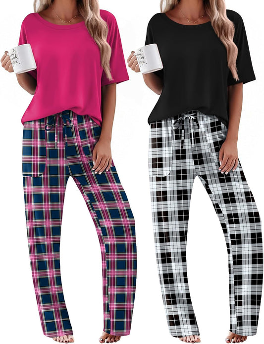 Ekouaer 2 Pack Womens Pajamas Sets Short Sleeve Long Pants Pjs Lounge Set