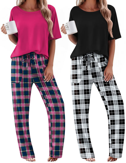 Ekouaer 2 Pack Womens Pajamas Sets Short Sleeve Long Pants Pjs Lounge Set
