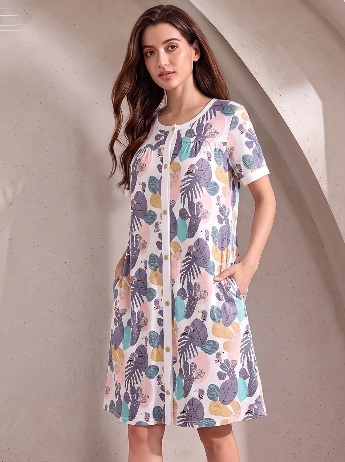 YOZLY House Dress for Women Short Sleeve House Coats Dusters Robe Moomoo nightgowns with Pockets