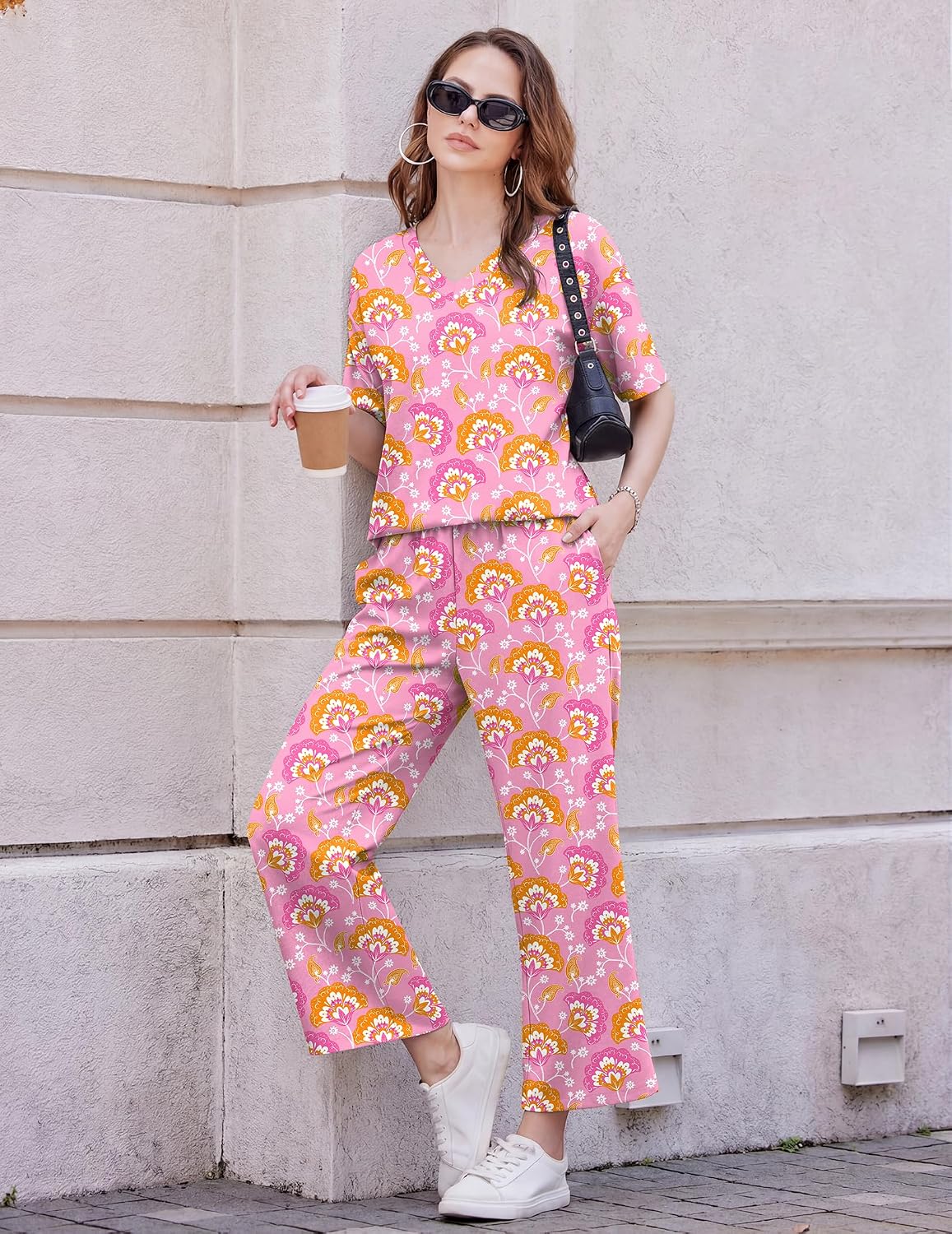 Ekouaer 2 Packs Lounge Set for Women Short Sleeve Pajamas Top and Long Pant