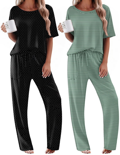 Ekouaer 2 Pack Womens Pajamas Sets Short Sleeve Long Pants Pjs Lounge Set