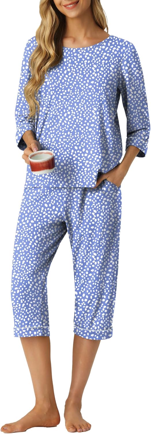 PrinStory Womens Pajama Sets Capri Pjs Soft Lounge Sets XS-4XL