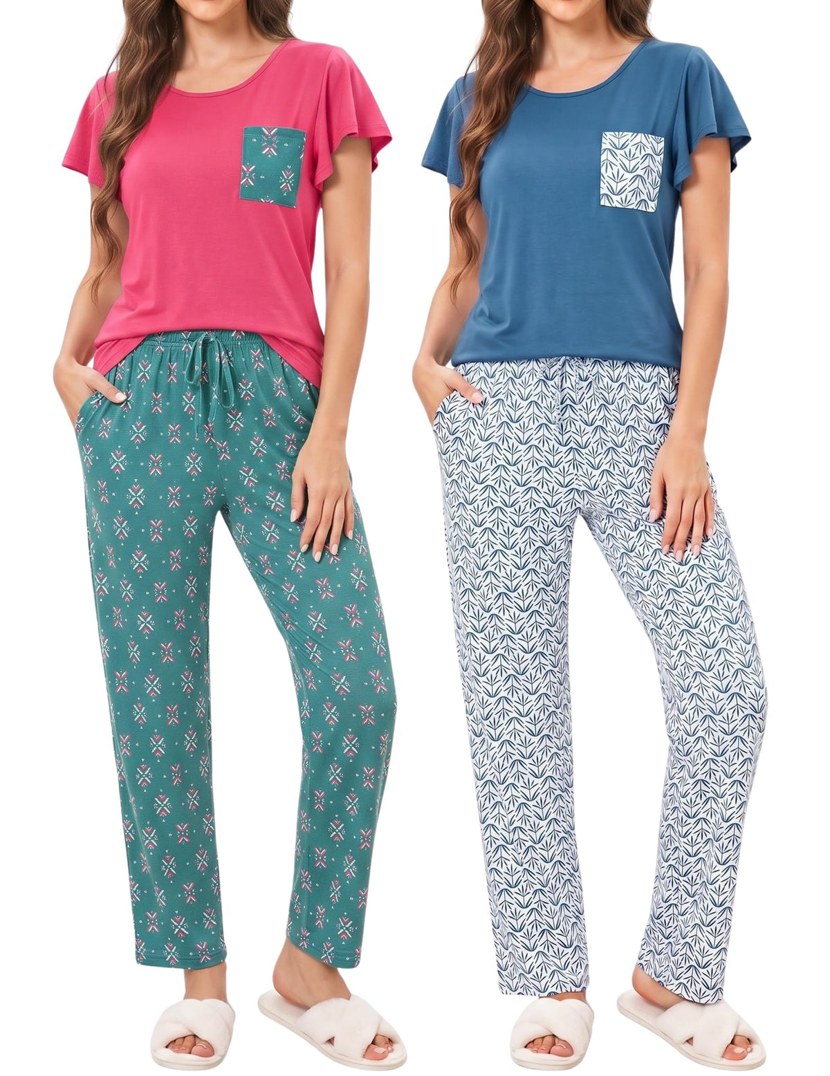 Ekouaer Pajamas for Women Set 2 Piece Comfy Loungewear, Lightweight Pjs Sleepwear, Short Sleeve Top & Long Pants with Pockets